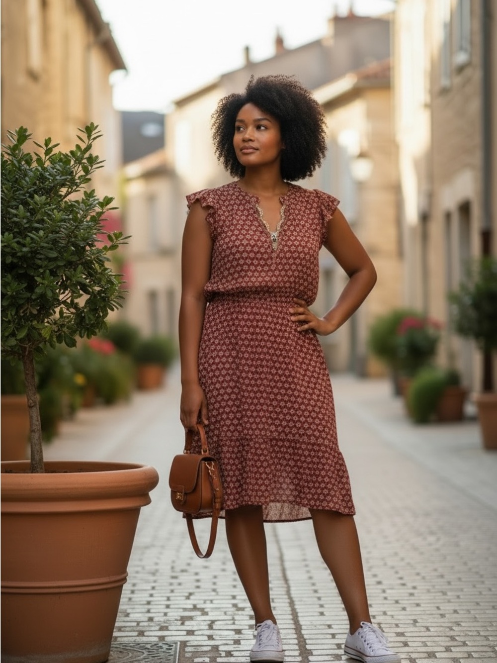 Nautica Rust Printed Cap-Sleeve Midi Dress